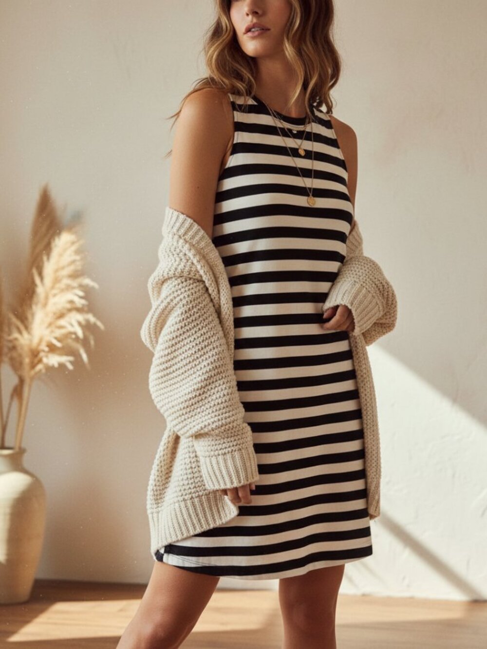 Time Tru XS 0 2 Mini Dress Black‎ White Striped Knit Tank Pockets Minimalist